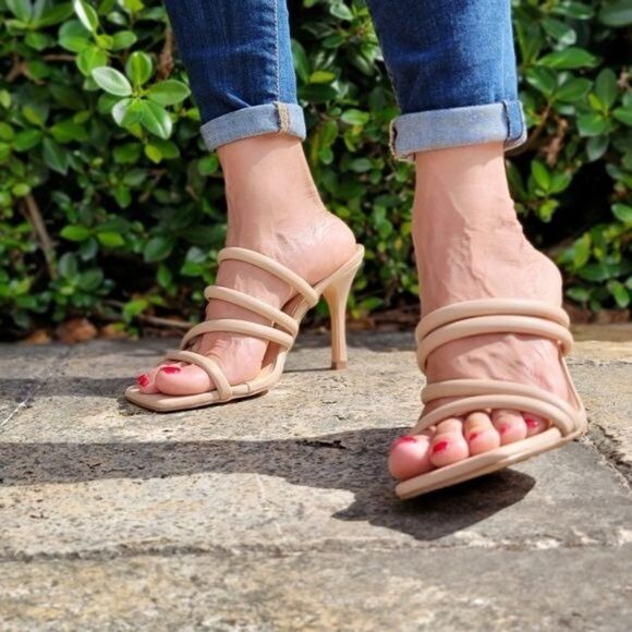 Nude Square Toe Padded Strappy Heel Sandals - Picture 5 of 7